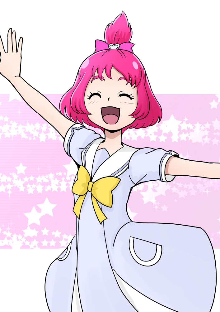 :d bakusai bow closed_eyes dokidoki!_precure half_updo oogai_daiichi_middle_school_uniform open_mouth outstretched_arms personification pink_bow pink_hair precure sailor_collar school_uniform sharuru_(dokidoki!_precure) sharuru_(dokidoki!_precure)_(human) short_hair smile solo spread_arms star starry_background white_sailor_collar