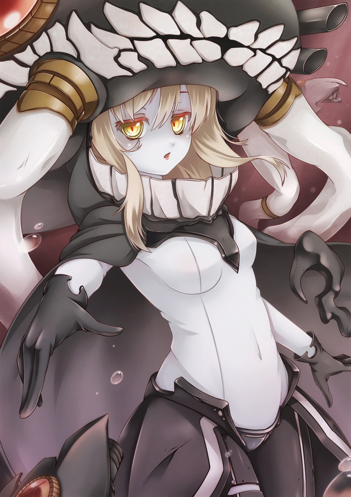 bad_id bad_pixiv_id blonde_hair bodysuit enemy_aircraft_(kantai_collection) gloves kantai_collection looking_at_viewer monster open_mouth pale_skin rusha_(r_style) shinkaisei-kan solo wo-class_aircraft_carrier yellow_eyes