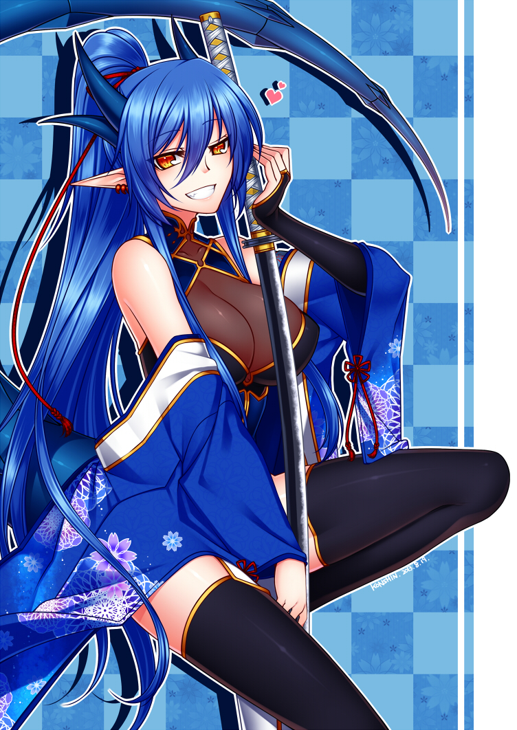 blue_hair copyright_request konshin long_hair orange_eyes pointy_ears ponytail solo thighhighs weapon