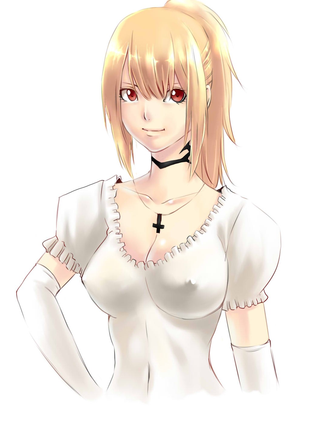 blonde_hair breasts choker cleavage covered_navel covered_nipples cross cross_necklace elbow_gloves gloves hand_on_hip highres inverted_cross jewelry long_hair medium_breasts mimo_(mimoii) necklace no_bra original ponytail puffy_short_sleeves puffy_sleeves red_eyes short_sleeves solo white_gloves