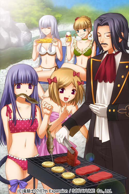 4girls alcohol bangs beatrice beer bikini black_hair blonde_hair blue_eyes blue_hair blunt_bangs bow breasts cat_tail choker cleavage closed_eyes coat collarbone corn cravat day eating facial_hair fish flower food frederica_bernkastel gloves green_bikini grill grilling grin hair_bow hair_bun hair_flower hair_ornament hime_cut izumi_natsuka lambdadelta long_hair meat monocle multiple_girls mustache navel open_mouth outdoors purple_eyes red_eyes ronove short_hair silver_hair sitting smile swimsuit tail tongs umineko_no_naku_koro_ni virgilia white_bikini