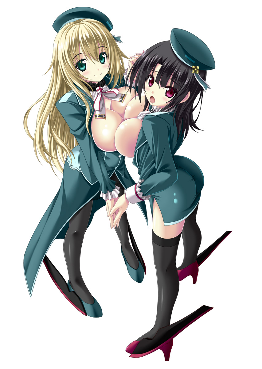 :o atago_(kantai_collection) black_hair black_legwear blonde_hair blush breast_press breasts from_above gloves green_eyes hands_clasped hat highres holding_hands kantai_collection large_breasts long_hair looking_at_viewer looking_up md5_mismatch military military_uniform multiple_girls no_bra noritama_(gozen) open_clothes open_mouth own_hands_together pantyhose purple_eyes red_eyes short_hair smile symmetrical_docking takao_(kantai_collection) thighhighs uniform yuri