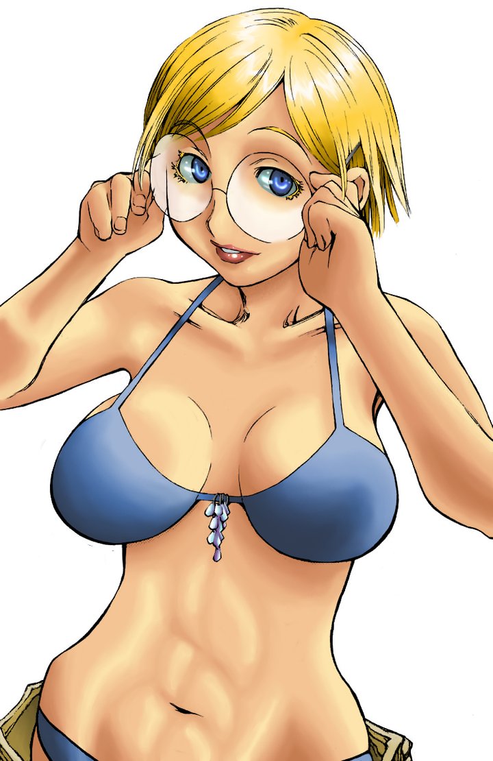 abs angela_burton bikini blonde_hair blue_eyes breasts collaboration_request colorized derivative_work genshiken glasses kio_shimoku large_breasts lips looking_at_viewer navel otaku short_hair solo spoilers swimsuit toned undressing