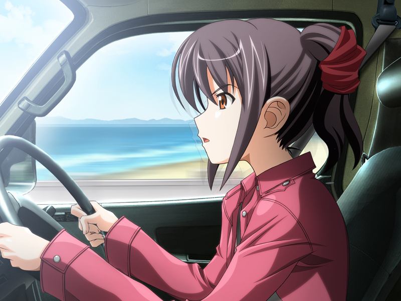 1girl brown_eyes brown_hair car driving game_cg isurugi_chie katakura_shinji kira_kira motor_vehicle short_hair vehicle