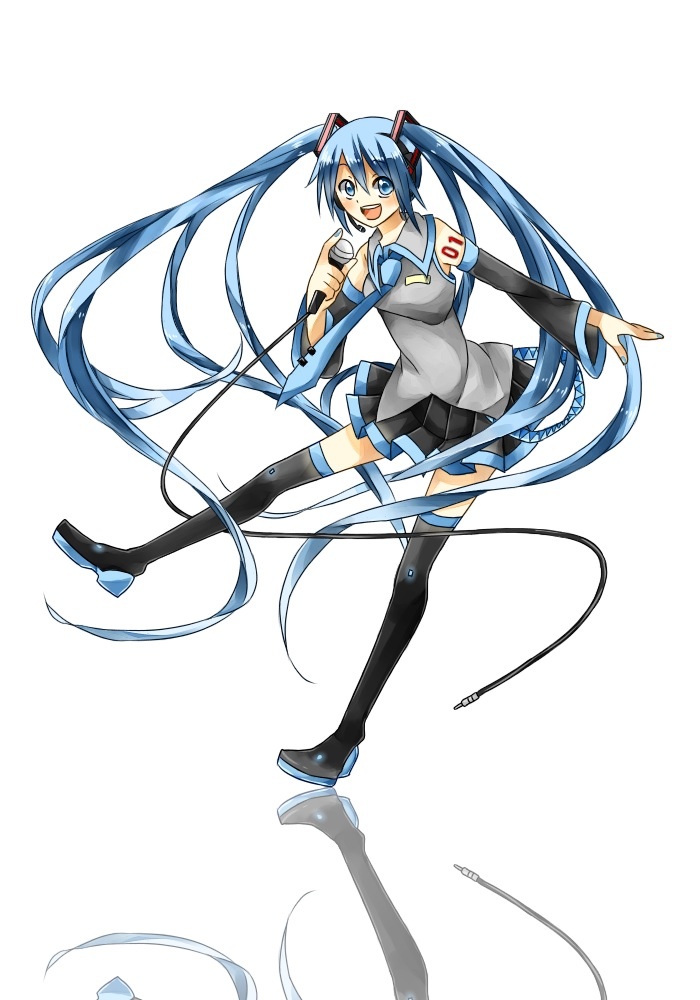 black_legwear blue_eyes boots detached_sleeves hatsune_miku long_hair necktie open_mouth school_uniform serafuku skirt sleeveless solo thigh_boots thighhighs twintails vocaloid