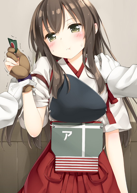 :t a7m_reppuu admiral_(kantai_collection) aircraft airplane akagi_(kantai_collection) anger_vein arm_grab arm_holding blush brown_eyes brown_hair commentary eating gloves hand_on_another's_shoulder head_tilt japanese_clothes kantai_collection long_hair long_sleeves looking_at_viewer muneate peko pov solo_focus sweatdrop wainscoting wrist_grab