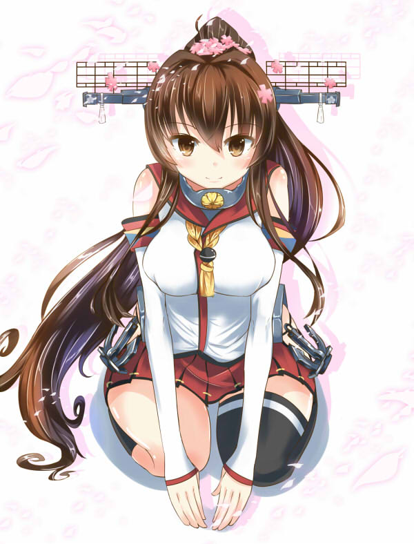 anchor breasts brown_eyes brown_hair cherry_blossoms flower hair_flower hair_ornament japanese_clothes kantai_collection large_breasts long_hair looking_at_viewer miniskirt ponytail seiza single_thighhigh sitting skirt smile solo tenken_(gotannda) thighhighs yamato_(kantai_collection)