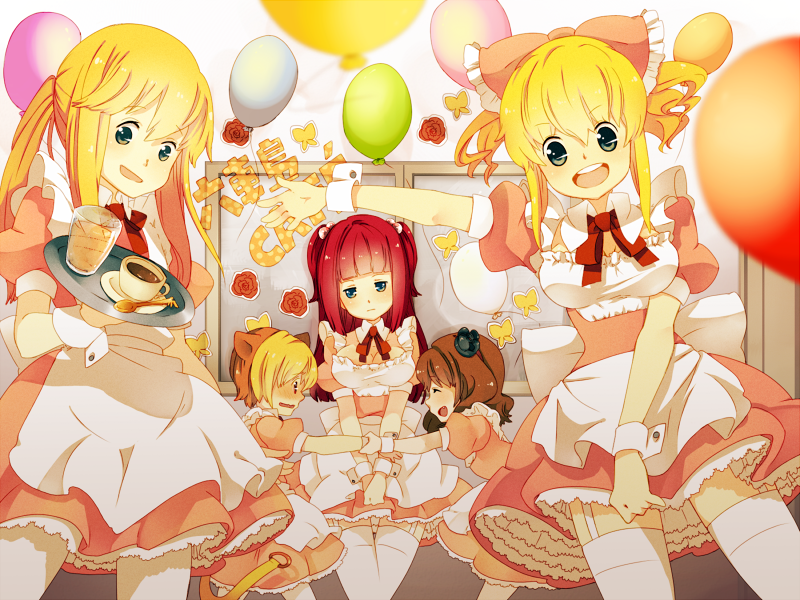 3girls ai-wa alternate_costume androgynous animal_ears apron balloon blonde_hair blue_eyes blush bow breasts brown_hair bug butterfly cleavage crossdressing crown drink enmaided fang flower garter_straps grey_eyes hair_bobbles hair_bow hair_ornament insect lion_ears maid medium_breasts multicolored_hair multiple_boys multiple_girls open_mouth pantyhose ponytail puffy_sleeves red_hair rose sakutarou siblings smile thighhighs tray twintails two-tone_hair umineko_no_naku_koro_ni ushiromiya_ange ushiromiya_jessica ushiromiya_lion ushiromiya_maria white_legwear