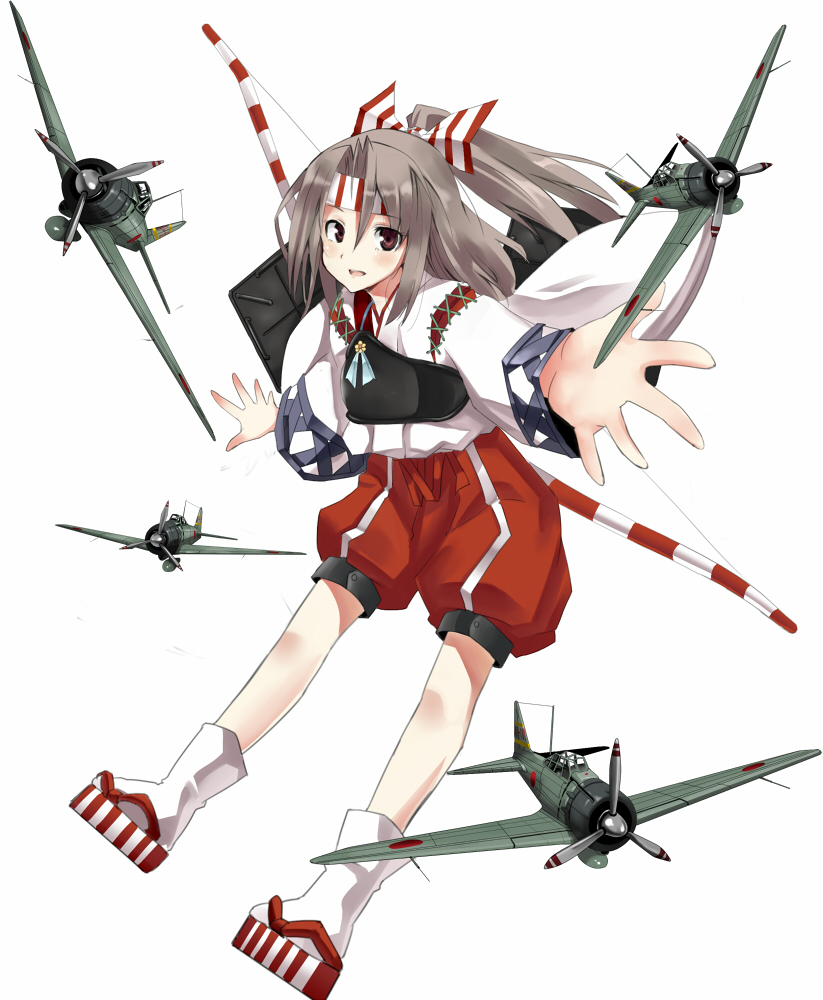 aircraft airplane archery bad_id bad_pixiv_id bow_(weapon) brown_eyes grey_hair hachimaki headband japanese_clothes kantai_collection kurume_shou kyuudou long_hair looking_at_viewer muneate open_mouth ponytail ribbon skirt solo weapon white_background zuihou_(kantai_collection)