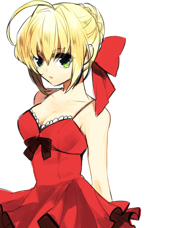 ahoge blonde_hair breasts cleavage dress fate/extra fate/extra_ccc fate_(series) green_eyes medium_breasts modern_costume_of_crimson mogupen nero_claudius_(fate) nero_claudius_(fate)_(all) solo sundress