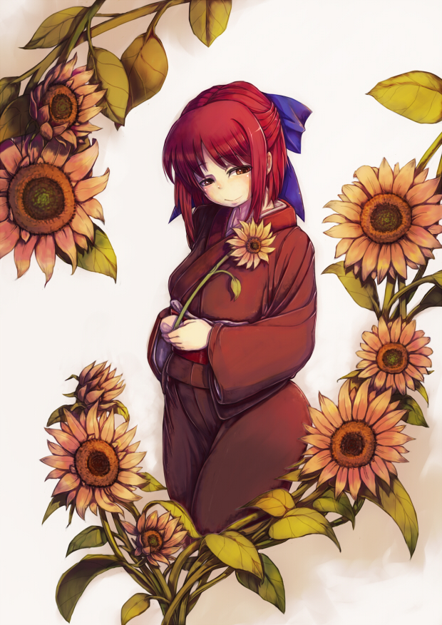 bow brown_eyes flower hair_bow hirohiran japanese_clothes kimono kohaku red_hair short_hair smile solo sunflower tsukihime