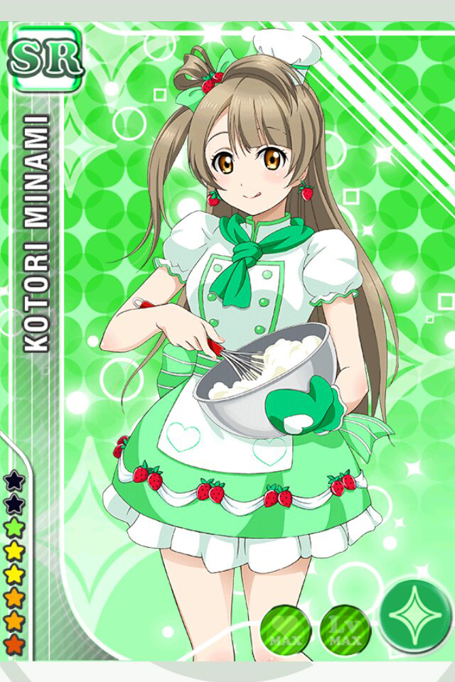 artist_request brown_eyes brown_hair card_(medium) character_name chef_hat chef_uniform earrings food food_themed_earrings food_themed_hair_ornament fruit green hair_ornament hat jewelry long_hair love_live! love_live!_school_idol_festival love_live!_school_idol_project minami_kotori mixing_bowl official_art puffy_short_sleeves puffy_sleeves short_sleeves smile solo strawberry strawberry_earrings strawberry_hair_ornament toque_blanche whisk