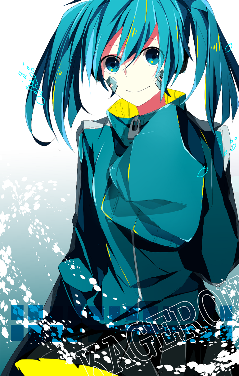 black_skirt blue_eyes blue_hair blue_jacket ene_(kagerou_project) etoranze gradient gradient_background highres jacket kagerou_project long_sleeves looking_at_viewer oversized_clothes short_hair simple_background skirt smile solo tareme twintails zipper