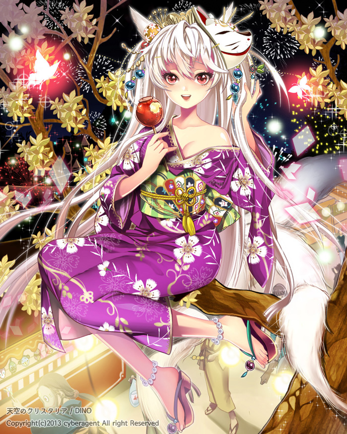 animal_ears anklet branch bug butterfly dino_(trexsilence) festival fox_ears fox_mask fox_tail hair_ornament insect japanese_clothes jewelry kimono long_hair mask original red_eyes sandals smile solo tail tenkuu_no_crystalia tree white_hair