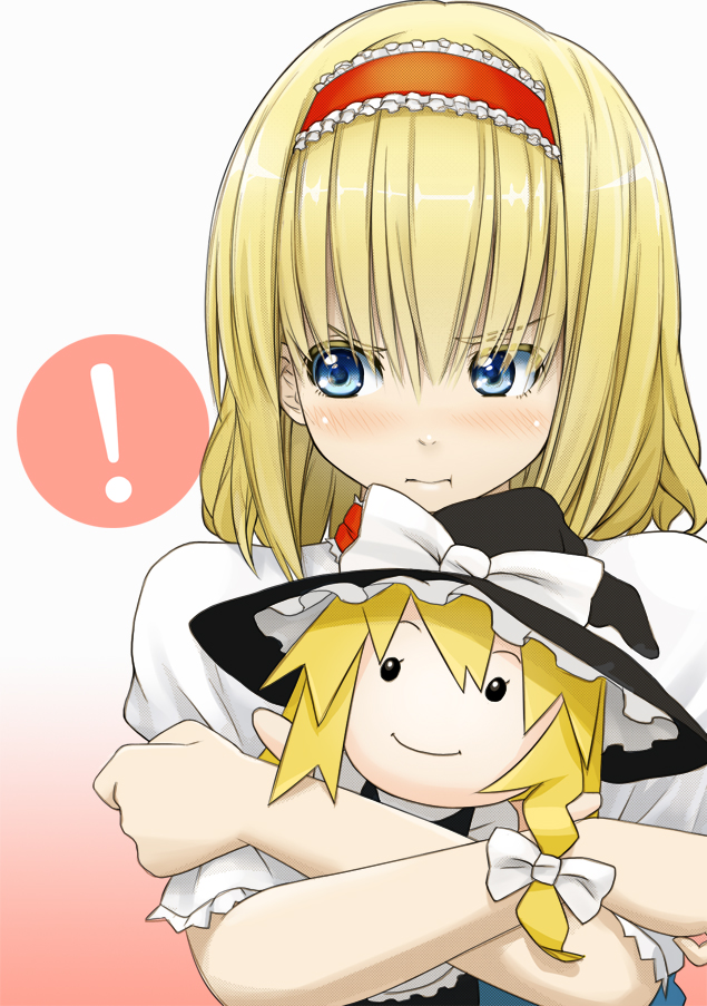 1girl :t alice_margatroid blonde_hair blue_eyes blush character_doll doll doll_hug hairband hat kirisame_marisa kuro_oolong pout short_hair solo spoken_exclamation_mark touhou upper_body witch_hat