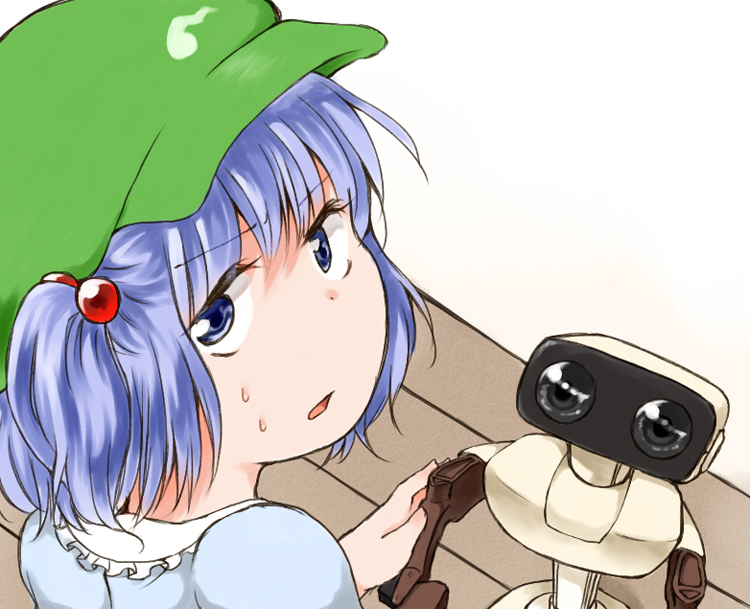 blue_eyes blue_hair hair_bobbles hair_ornament hat kawashiro_nitori looking_at_viewer looking_back nanana_(chicken_union) nintendo parted_lips r.o.b robot short_hair simple_background solo sweat touhou two_side_up white_background