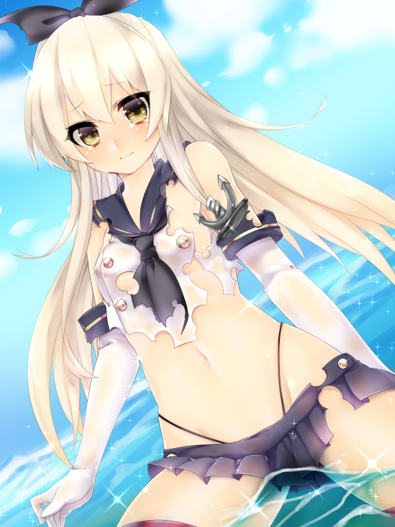 bad_id bad_pixiv_id black_panties blonde_hair blush breasts elbow_gloves gloves groin hair_ornament hairband highleg highleg_panties kantai_collection long_hair looking_at_viewer navel panties shimakaze_(kantai_collection) skirt small_breasts solo tears thighhighs torn_clothes underwear water wet white_gloves yellow_eyes yutazou
