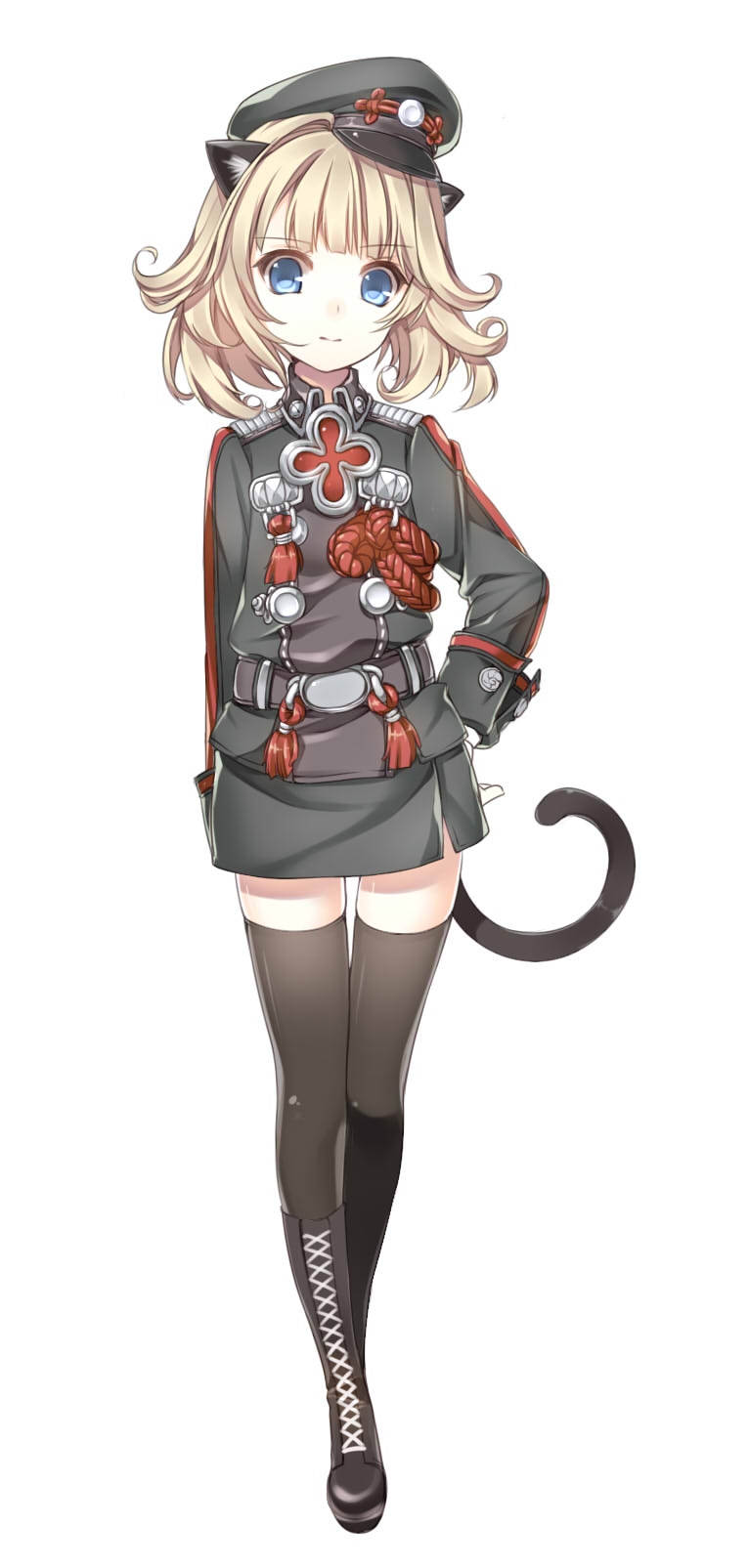 animal_ears bad_id bad_pixiv_id black_legwear blade_&amp;_soul blonde_hair blue_eyes boots cat_ears cat_tail cross-laced_footwear full_body gloves hat highres kuro_(kuronell) lace-up_boots looking_at_viewer lyn_(blade_&amp;_soul) military military_uniform peaked_cap pencil_skirt short_hair simple_background skirt solo tail thighhighs uniform white_background