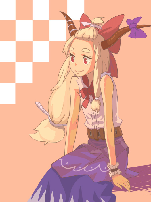 alternate_hairstyle bad_id bad_pixiv_id blonde_hair bow eyebrows forehead horn_ribbon horns ibuki_suika long_hair low-tied_long_hair p_no_hito red_eyes ribbon sitting skirt sleeveless smile solo thick_eyebrows topknot touhou wrist_cuffs