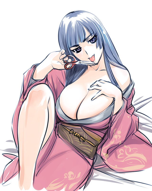 :p blue_hair breasts cleavage copyright_request huge_breasts japanese_clothes kimono long_hair purple_eyes scissors simple_background solo tongue tongue_out ueyama_michirou white_background