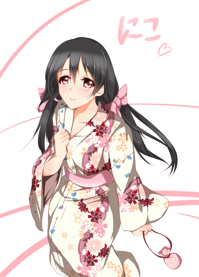 alternate_hairstyle black_hair blush bow character_name hair_bow hand_on_own_chest japanese_clothes kimono kinchaku long_hair love_live! love_live!_school_idol_project low_twintails minamon_(vittel221) pouch red_eyes smile solo twintails yazawa_nico