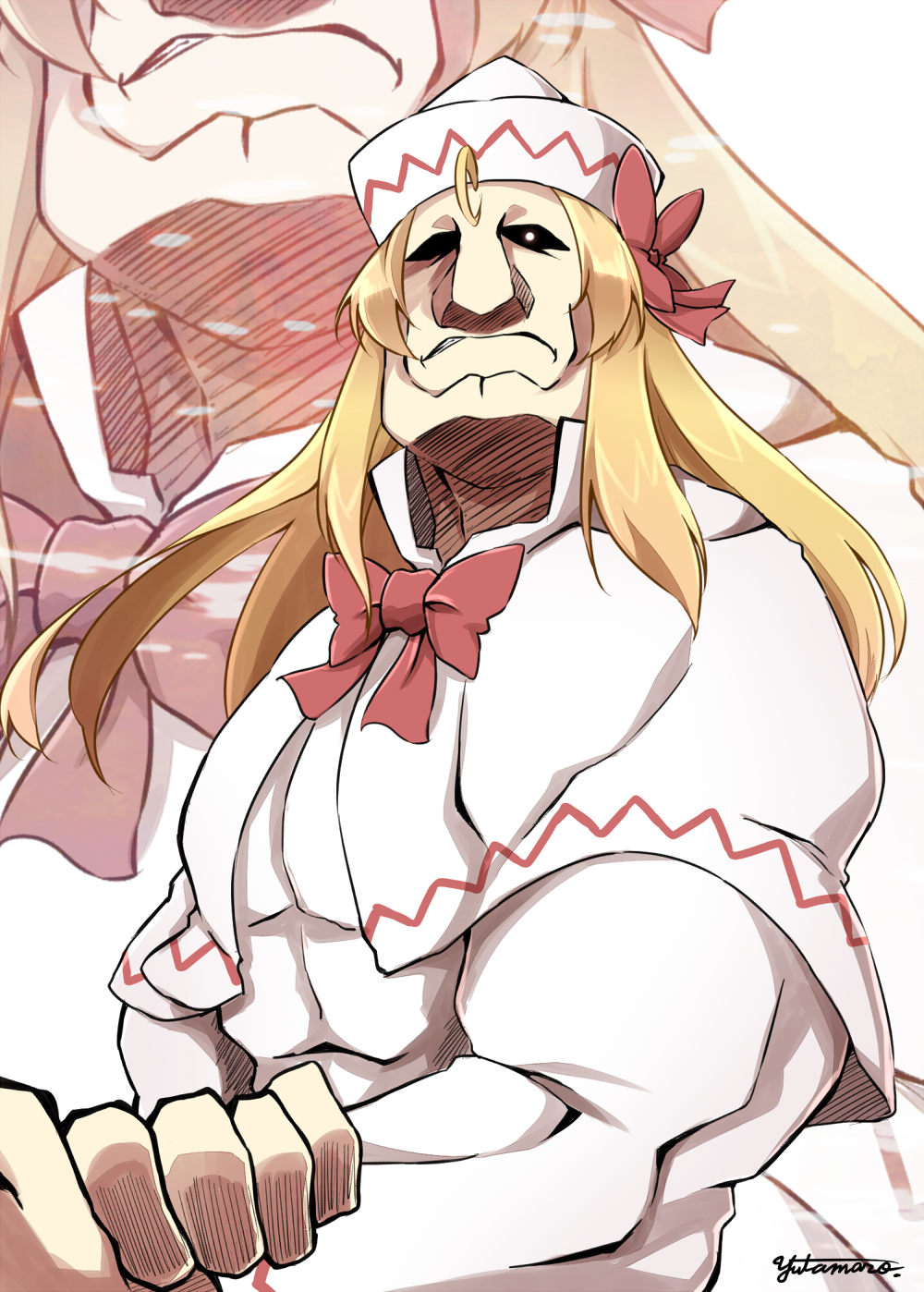 alex_louis_armstrong artist_name bow capelet fullmetal_alchemist genderswap genderswap_(ftm) hat highres lily_white long_hair looking_at_viewer male_focus manly muscle parody simple_background solo style_parody touhou yutamaro zoom_layer