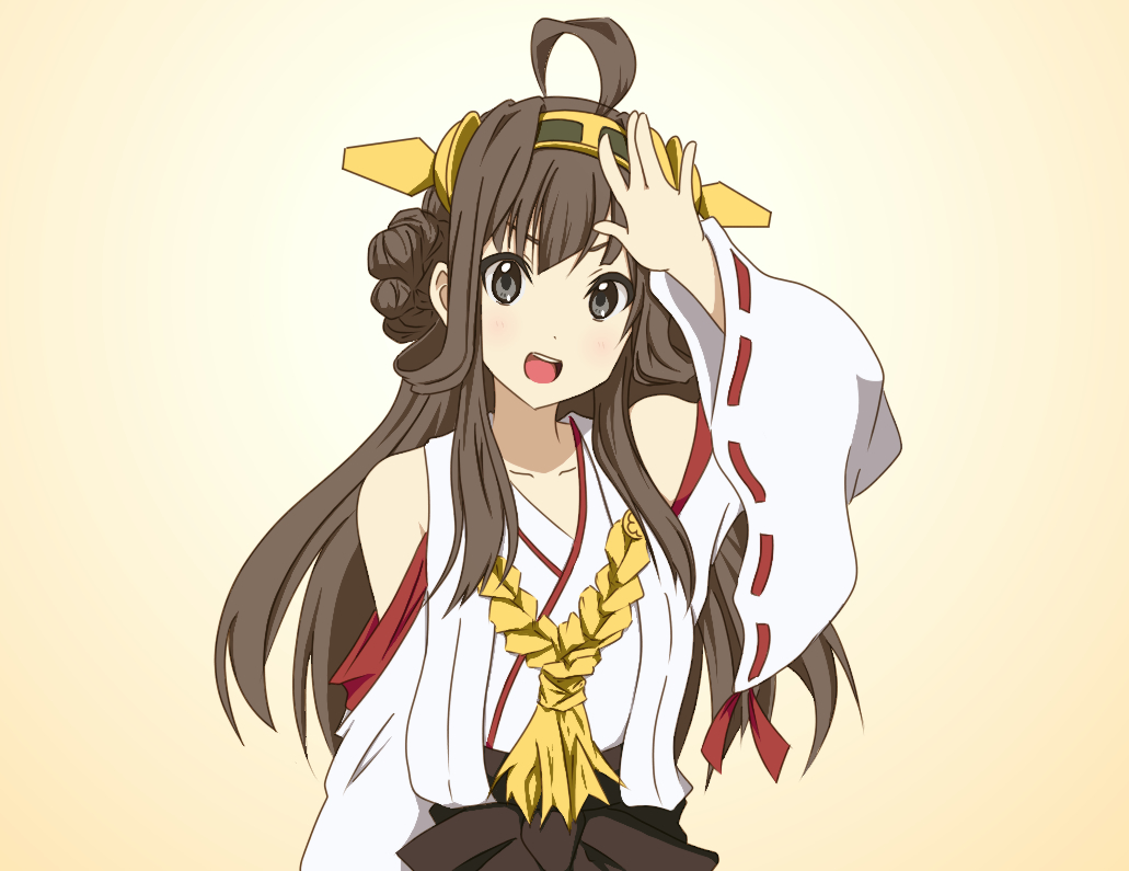 ahoge black_eyes braid brown_hair detached_sleeves double-master hairband japanese_clothes k-on! kantai_collection kongou_(kantai_collection) long_hair looking_at_viewer open_mouth parody round_teeth solo style_parody teeth