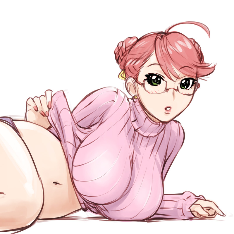 :o ahoge breasts copyright_request earrings glasses green_eyes huge_breasts jewelry lying navel on_side red_hair ribbed_sweater short_hair simple_background solo sweater ueyama_michirou white_background