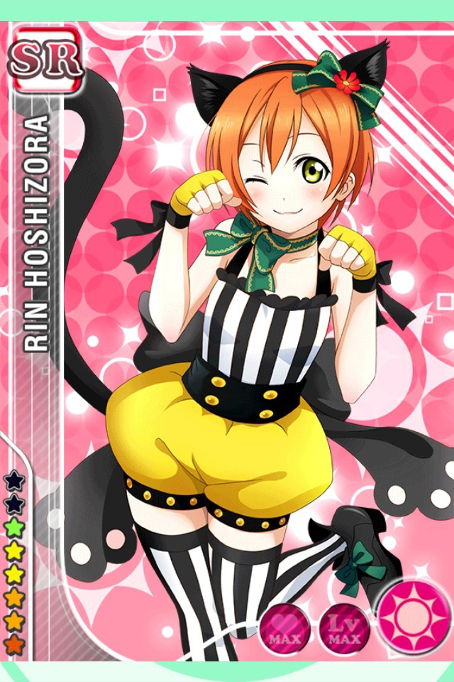 ;3 animal_ears artist_request card_(medium) cat_ears cat_tail character_name hairband hoshizora_rin love_live! love_live!_school_idol_festival love_live!_school_idol_project official_art one_eye_closed puffy_shorts ribbon shorts smile solo striped striped_legwear tail thighhighs vertical-striped_legwear vertical_stripes