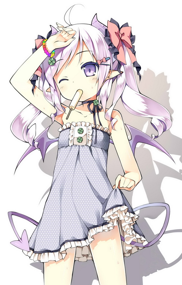 ahoge bare_shoulders cowboy_shot demon_girl demon_tail demon_wings dress fang food hair_ribbon horns long_hair looking_at_viewer mofetousu_furuna one_eye_closed open_mouth original pointy_ears popsicle purple_eyes ribbon saru shadow silver_hair simple_background solo sweat tail twintails white_background wings