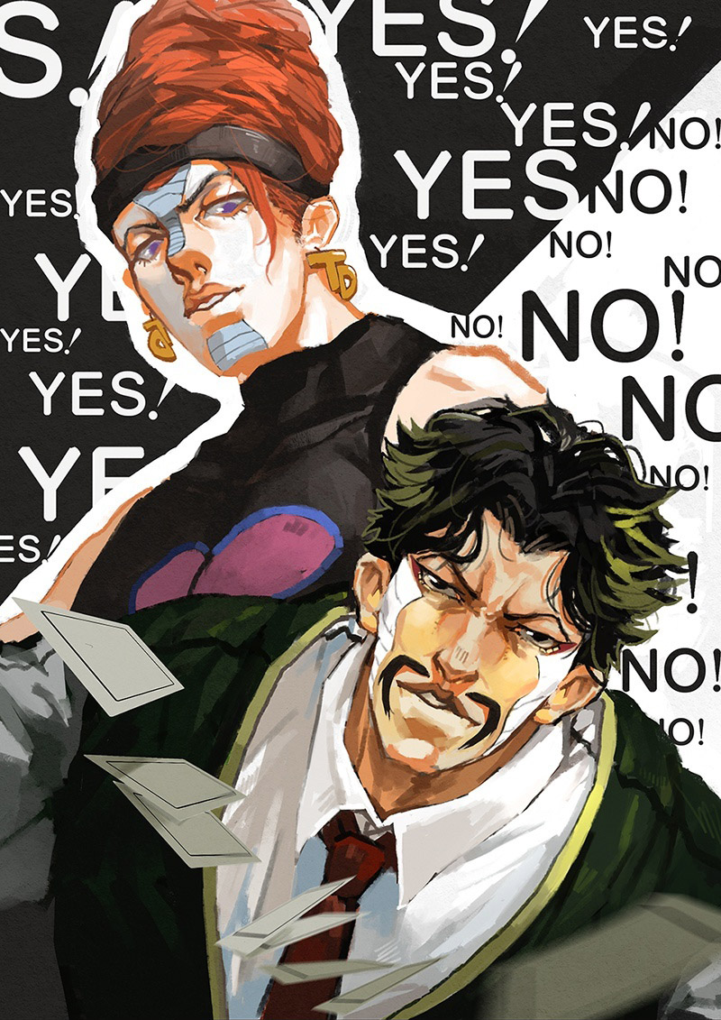 aruolrn beehive_hairdo black_hair brothers daniel_d'arby earrings facial_hair jewelry jojo_no_kimyou_na_bouken multiple_boys mustache red_hair siblings stardust_crusaders tattoo terence_trent_d'arby