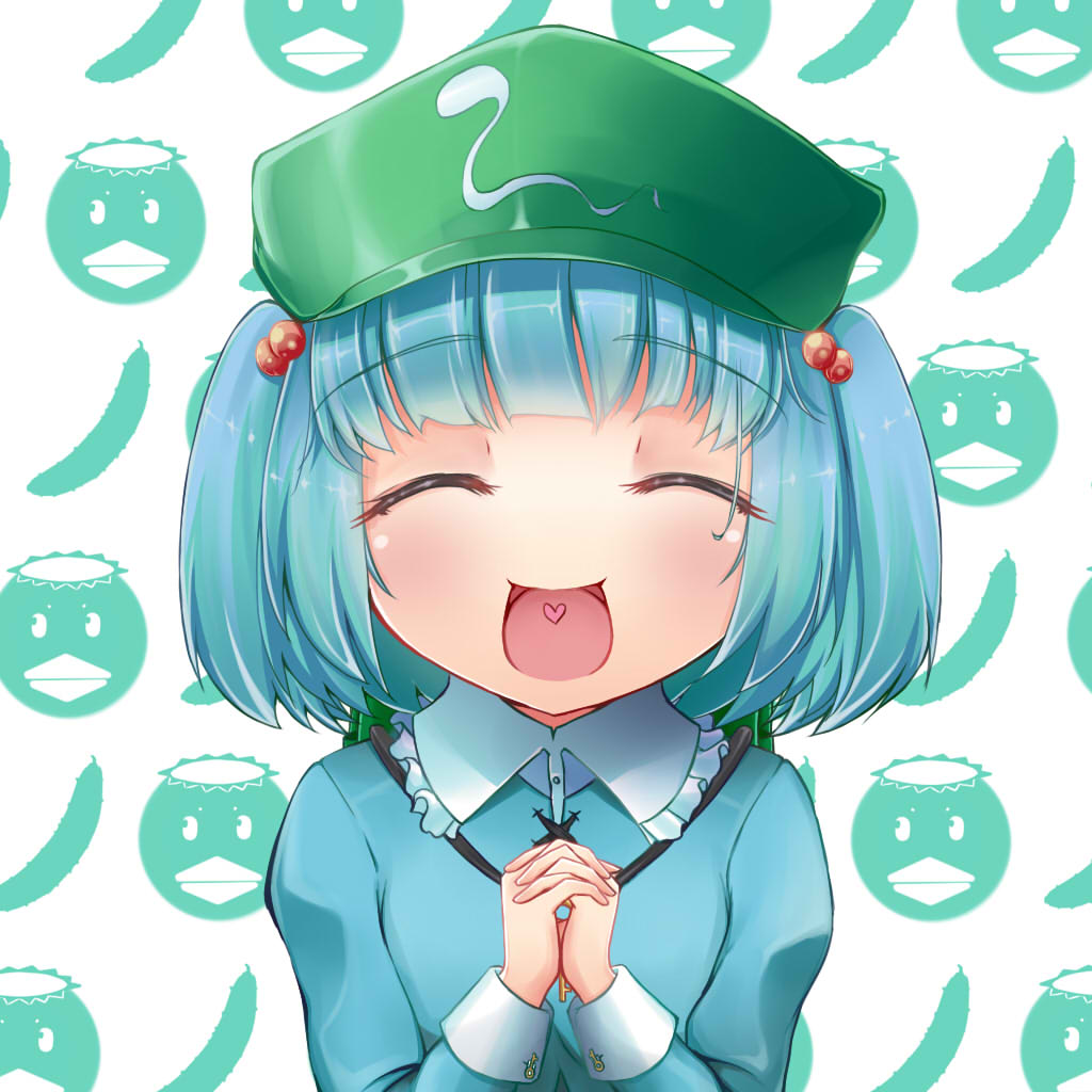 aqua_hair bell hair_bell hair_ornament hands_clasped hat kawashiro_nitori own_hands_together smile solo touhou tsugaru_(co-walker) two_side_up