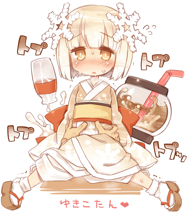 7010 blonde_hair blush bonbori_yukico-tan brown_eyes clog_sandals coffee drinking_straw hair_ornament japanese_clothes kimono looking_at_viewer mascot milk open_mouth original personification product_girl snowflake_hair_ornament snowflakes solo_focus tabi translation_request white_legwear yukico-tan yukijirushi