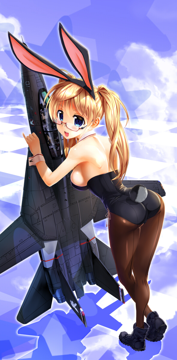 aircraft airplane animal_ears ass blonde_hair blue_eyes boots bunny_ears bunny_tail bunnysuit detached_collar f-14_tomcat glasses highres kiryuu_takahisa long_hair original pantyhose solo tail twintails vandy_one wrist_cuffs
