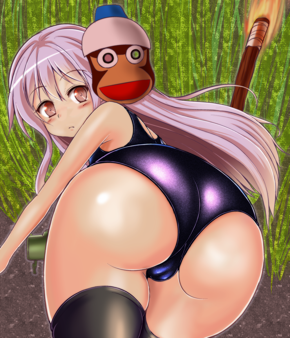 ass bent_over black_legwear blush cameltoe claymore_(mine) explosive fire from_behind hata_no_kokoro honda_takaharu long_hair looking_back mask mine_(weapon) one-piece_swimsuit pink_eyes pink_hair saru_getchu school_swimsuit shiny shiny_clothes shiny_skin solo swimsuit thighhighs torch touhou