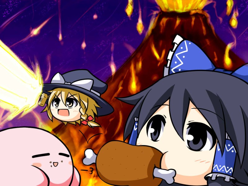 =_= alternate_color black_hair blonde_hair boned_meat bow braid crossover eating food grey_eyes hair_bow hair_tubes hakurei_reimu hat kirby kirby_(series) kirisame_marisa master_spark meat mini-hakkero mochizuki_ado multiple_girls player_2 single_braid touhou volcano yellow_eyes yukkuri_shiteitte_ne