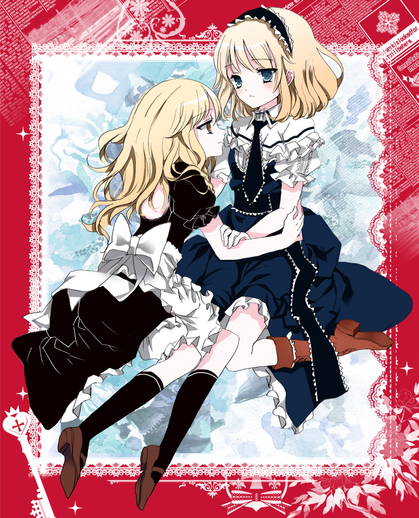 alice_margatroid back bad_id bad_pixiv_id black_legwear blonde_hair blue_eyes blush boots braid brown_eyes capelet cierra_(ra-bit) dress frills hairband hat hat_removed headwear_removed key kirisame_marisa lolita_hairband long_hair looking_at_another multiple_girls necktie puffy_sleeves sash short_hair short_sleeves side_braid single_braid sitting thighhighs touhou wavy_hair