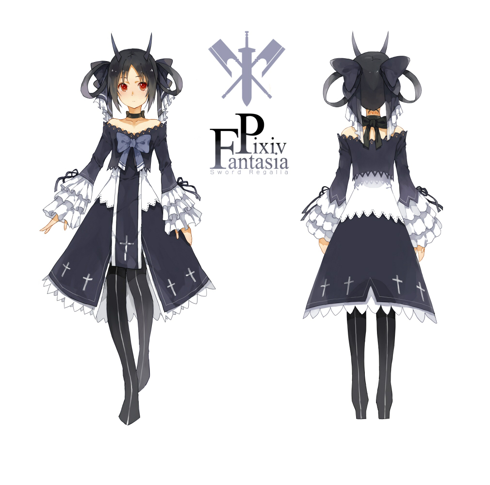 bad_id bad_pixiv_id bare_shoulders black_dress black_hair boots bow character_request character_sheet choker cross dress frills from_behind full_body haijin hair_ribbon horns orange_eyes pixiv_fantasia pixiv_fantasia_sword_regalia ribbon standing tattoo thigh_boots thighhighs twintails white_background
