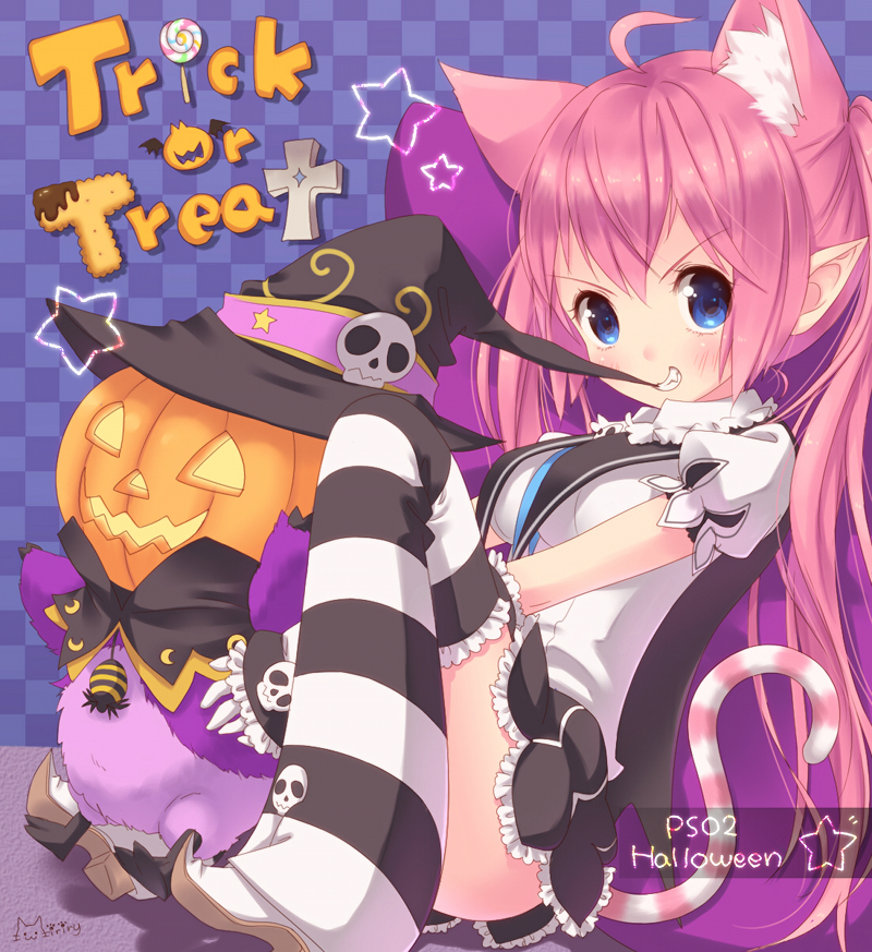ahoge animal_ears artist_name between_legs biting boots grin halloween hat jack-o'-lantern jack_(pso2) miriry mouth_hold phantasy_star phantasy_star_online_2 pointy_ears rappy sitting smile striped striped_legwear thigh_boots thighhighs twintails witch_hat wonder_treat