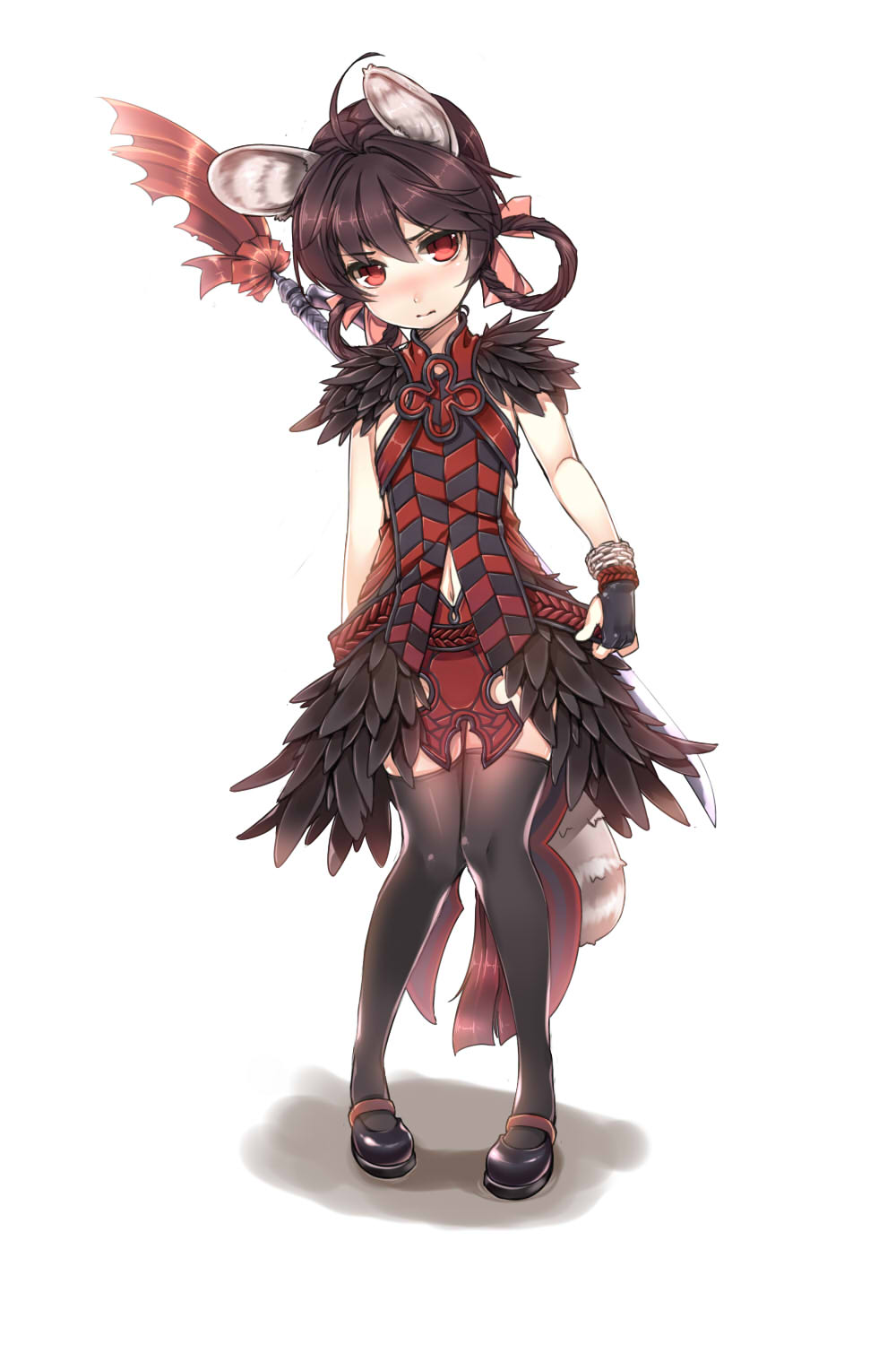 ahoge animal_ears bad_id bad_pixiv_id black_gloves blade_&amp;_soul blush brown_hair feather_trim fingerless_gloves flat_chest gloves hair_ribbon highres knees_together_feet_apart kuro_(kuronell) looking_at_viewer lyn_(blade_&amp;_soul) navel navel_cutout pigeon-toed raccoon_ears red_eyes ribbon short_hair short_sleeves simple_background solo sword tail thighhighs twintails weapon white_background