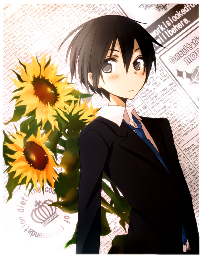 bad_id bad_pixiv_id black_eyes black_hair flower formal kirito male_focus suit sunflower sword_art_online tsukimori_usako