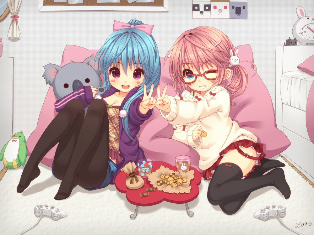 :d alarm_clock artist_name bed bird blue_eyes blue_hair blush_stickers bow bow_legwear breasts bunny bunny_hair_ornament candy candy_wrapper checkerboard_cookie cleavage clock controller cookie cup doll_hug dualshock food game_console game_controller gamepad glasses grin hair_bow hair_ornament hairclip hood hooded_track_jacket jacket koala medium_breasts miriry multiple_girls no_shoes one_eye_closed open_clothes open_jacket open_mouth original pantyhose penguin pink_hair playstation_2 ponytail purple_eyes red-framed_eyewear sitting skirt smile stuffed_animal stuffed_koala stuffed_penguin stuffed_toy sweater thighhighs track_jacket v zettai_ryouiki