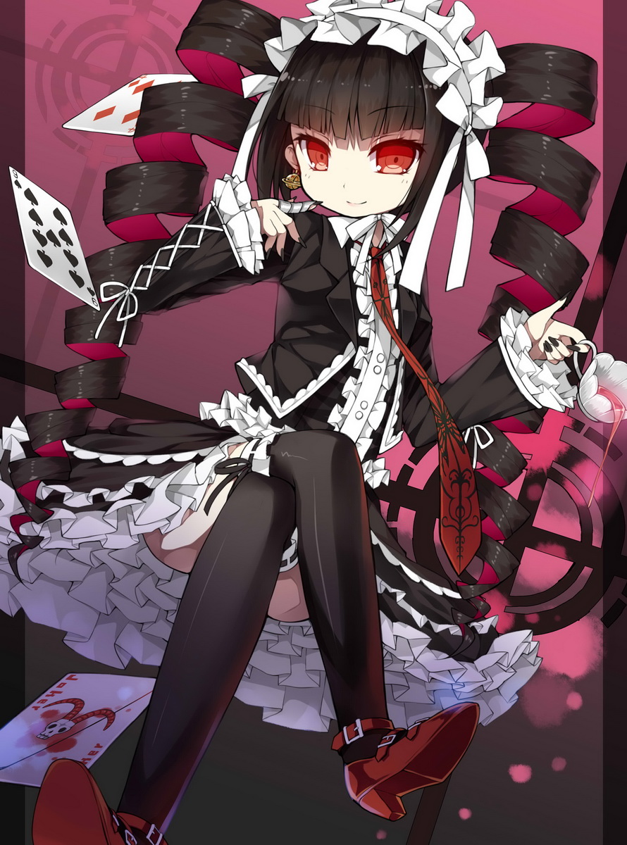 black_hair black_legwear bonnet celestia_ludenberck cup danganronpa danganronpa_1 drill_hair frills gothic_lolita hairband highres lolita_fashion lolita_hairband long_hair long_sleeves necktie red_eyes saru smile solo teacup thighhighs twintails very_long_hair