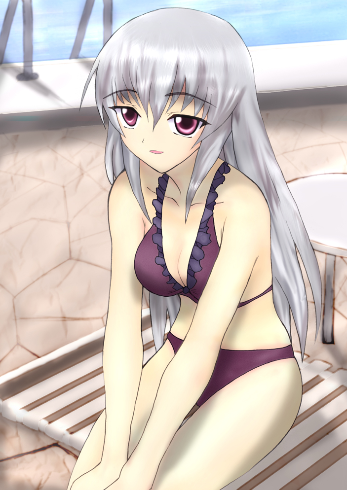 aoki_juntarou bad_id bad_pixiv_id bikini breasts chair cleavage long_hair lounge_chair medium_breasts pool pool_ladder poolside red_eyes rozen_maiden silver_hair solo suigintou swimsuit v_arms