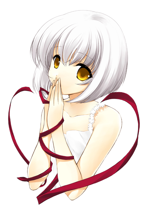 bad_id bad_pixiv_id bare_shoulders bob_cut hands_together heart juna original own_hands_together ribbon short_hair solo upper_body white_hair yellow_eyes