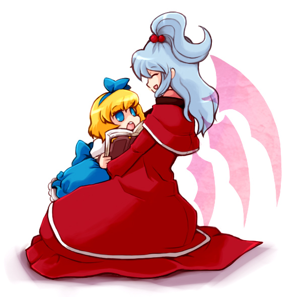 :o alice_margatroid alice_margatroid_(pc-98) bangs blonde_hair blue_bow blue_eyes blue_hairband blue_skirt book bow capelet child dress eyebrows_visible_through_hair hair_bobbles hair_ornament hairband kty_(04) long_sleeves medium_hair motherly multiple_girls multiple_wings open_book puffy_short_sleeves puffy_sleeves red_capelet red_dress sash shinki short_hair short_sleeves side_ponytail silver_hair sitting skirt skirt_set teeth touhou touhou_(pc-98) white_background wings