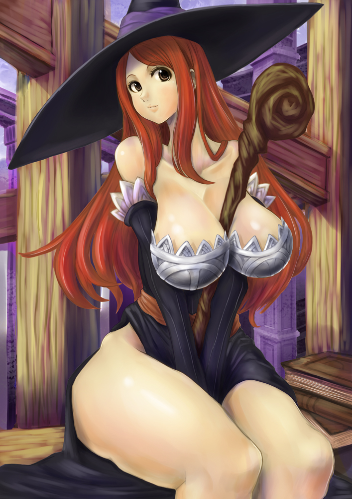 between_breasts breasts brown_eyes cleavage detached_sleeves dragon's_crown hat huge_breasts long_hair ryoushun side_slit sitting skirt solo sorceress_(dragon's_crown) staff witch_hat
