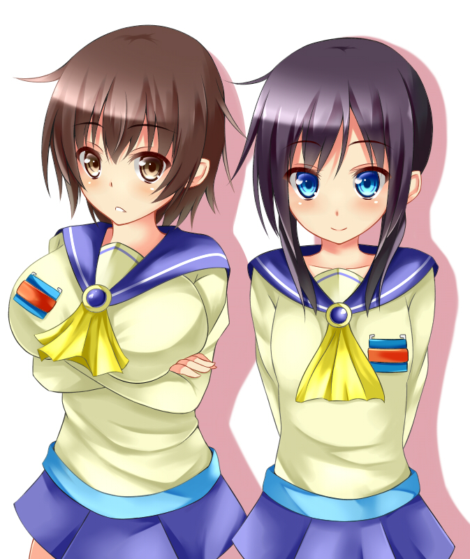 2girls arms_behind_back black_hair blue_eyes brown_eyes brown_hair corpse_party crossed_arms long_hair multiple_girls nakashima_naomi name_tag school_uniform serafuku shinozaki_ayumi short_hair smile twintails