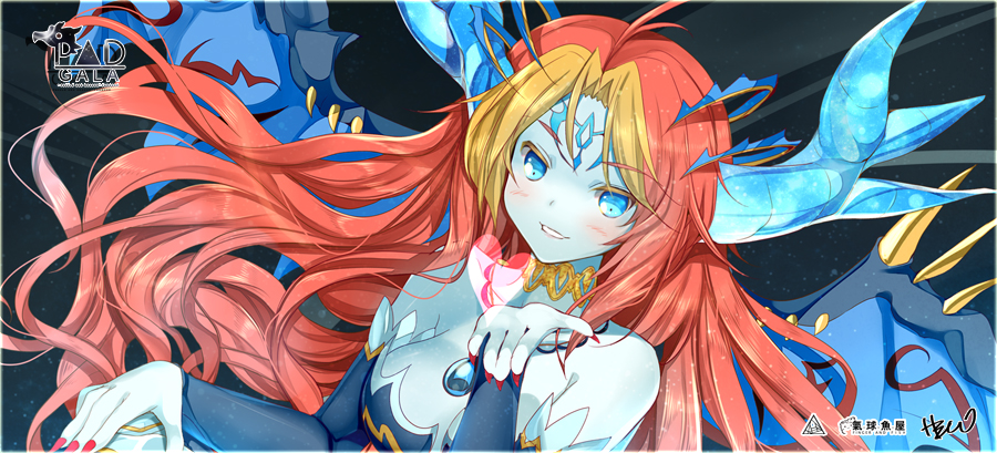 blonde_hair blue_eyes blue_skin demon_girl demon_wings grin heco_(mama) hera-is_(p&amp;d) hera_(p&amp;d) horns long_hair multicolored_hair puzzle_&amp;_dragons red_hair smile solo two-tone_hair wings