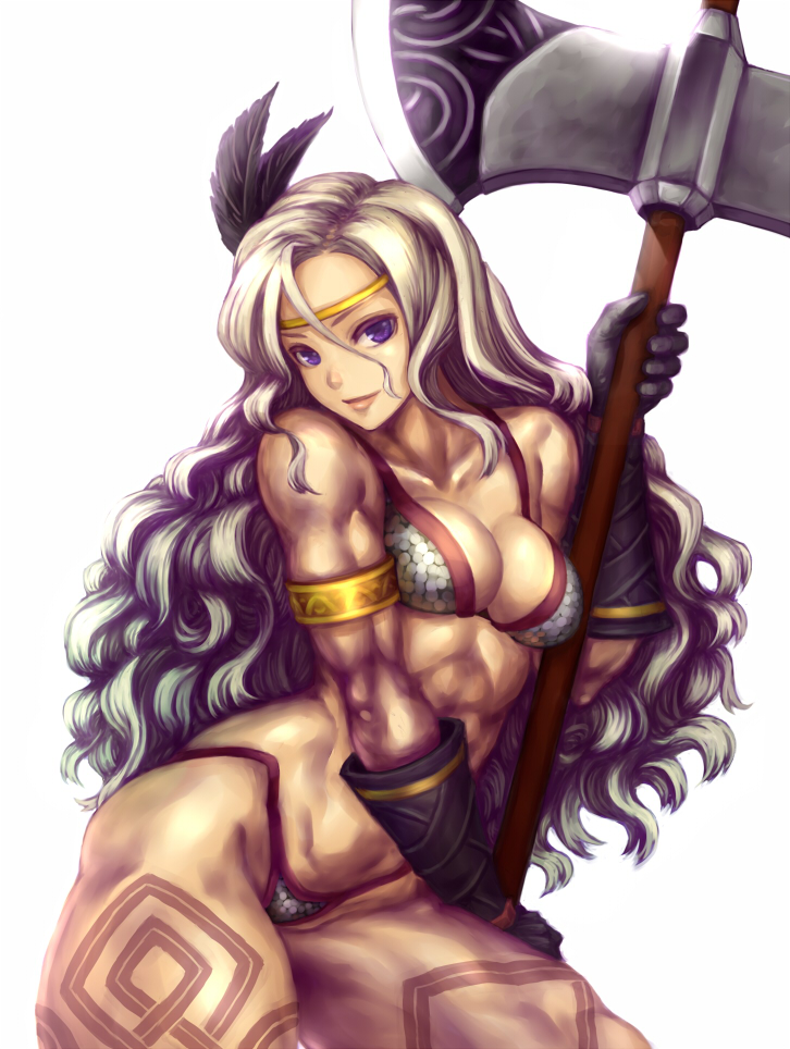 amazon_(dragon's_crown) armlet armor bikini_armor blonde_hair boots breasts circlet dragon's_crown feathers gloves halberd katagiri_(a1466502) long_hair medium_breasts muscle muscular_female polearm smile solo tattoo thick_thighs thighs weapon